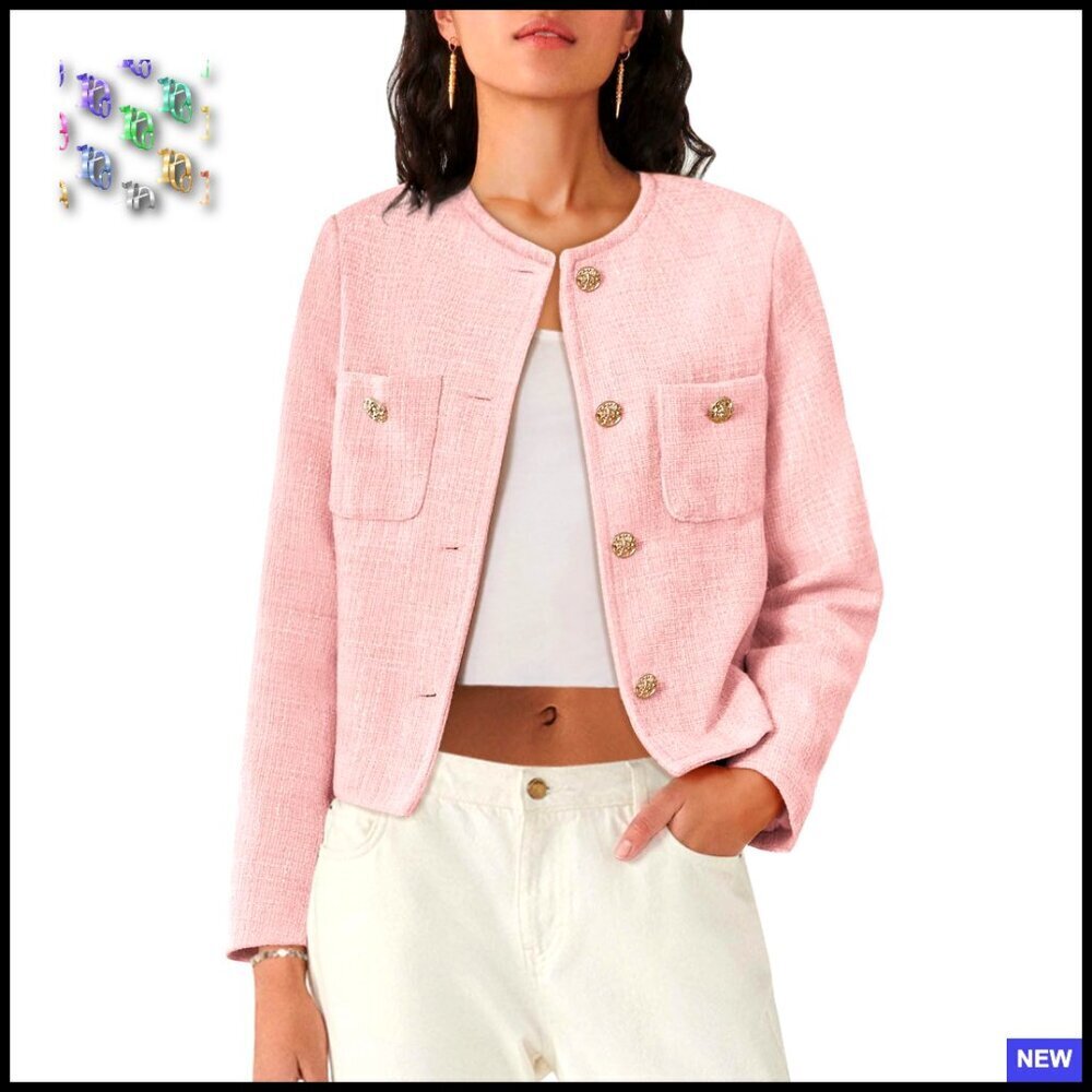 Tweed Cropped Blazer Button Down Long Sleeve Business Casual Chic Jacket